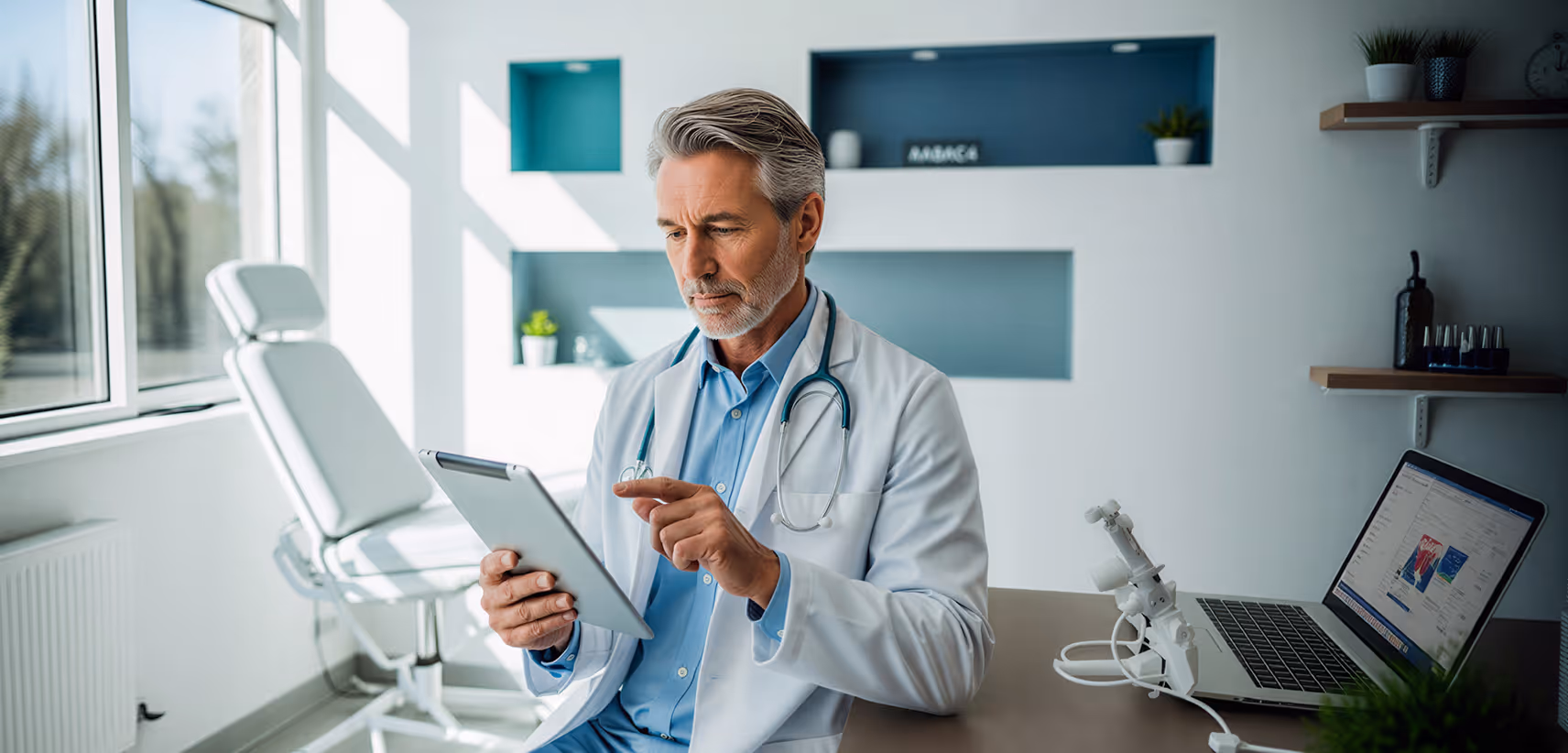 Male doctor in a white coat with a stethoscope, sitting in a bright medical office and using a tablet.