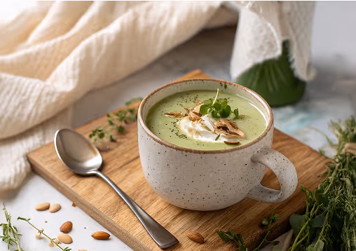 Creamy green soup garnished with cream, microgreens, and fried shallots in a speckled ceramic mug on a wooden board with a spoon and herbs nearby.