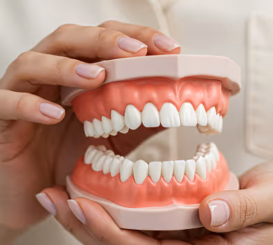 Hands holding a dental model showing upper and lower sets of teeth and gums.