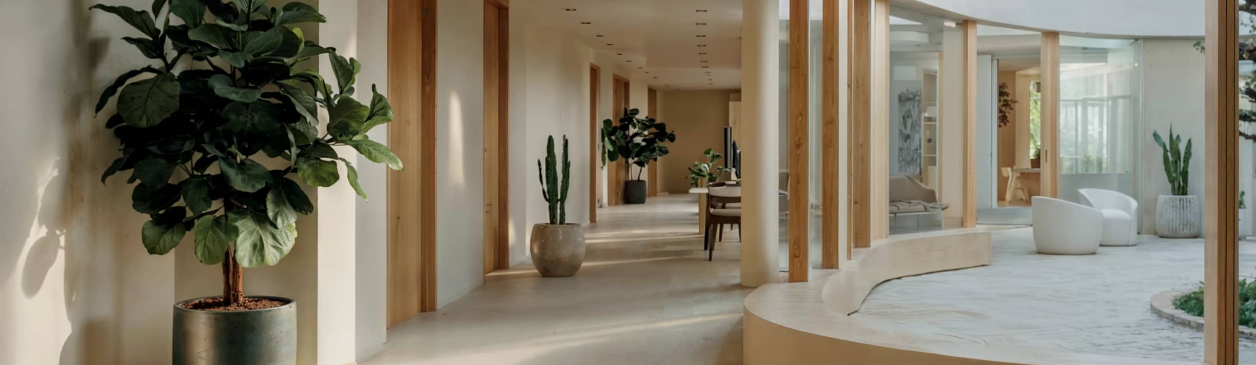 Curved Corridor With Wood And Glass - Longevity Webflow Template | Brix Templates