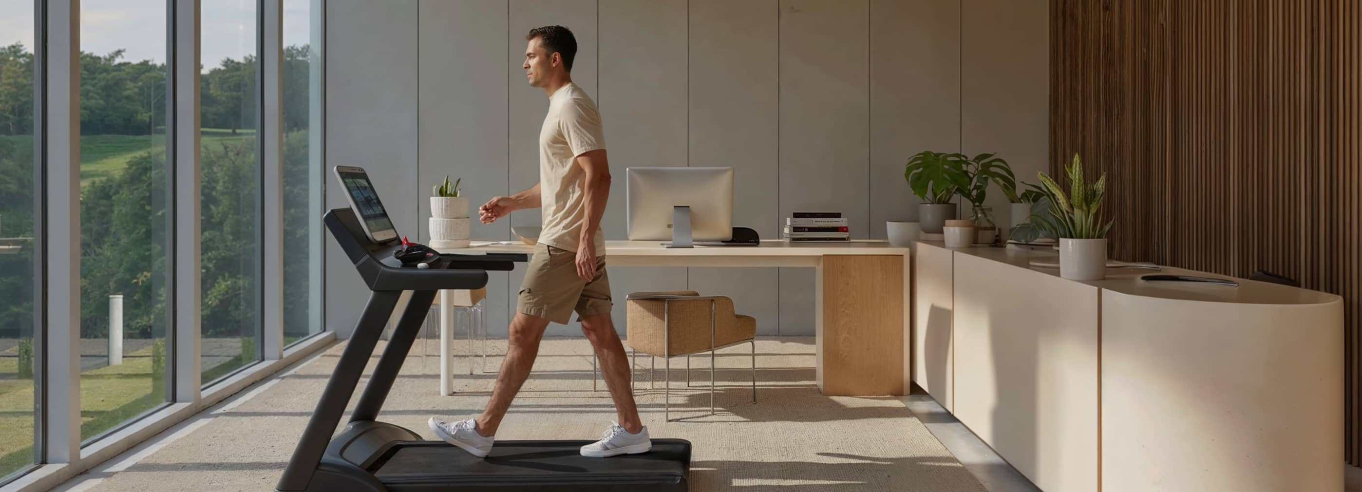 Man Walking Desk Treadmill Home Office - Longevity Webflow Template | Brix Templates
