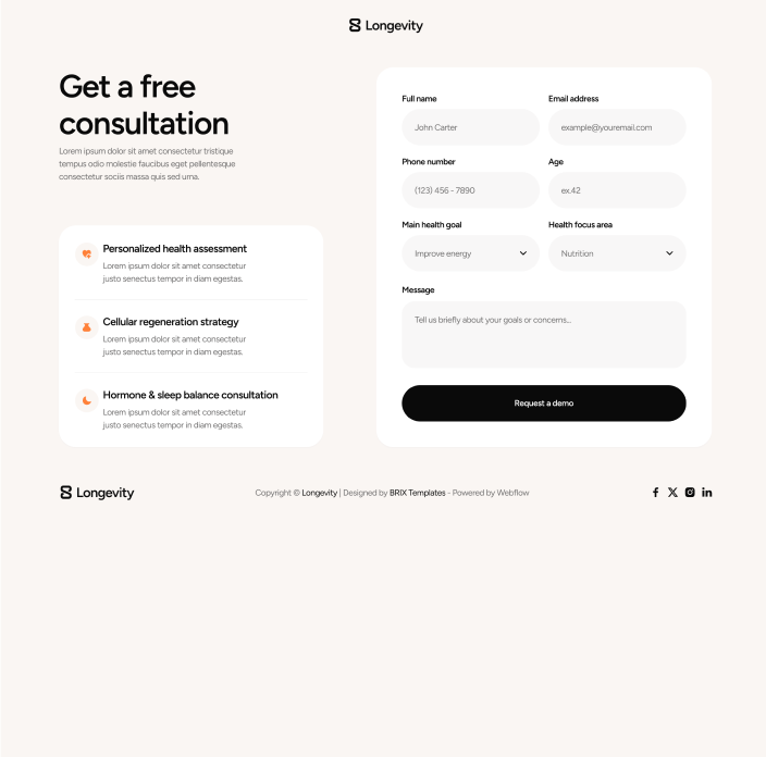 Longevity - Request Demo Utility Page - Longevity Center Webflow Template | BRIX Template