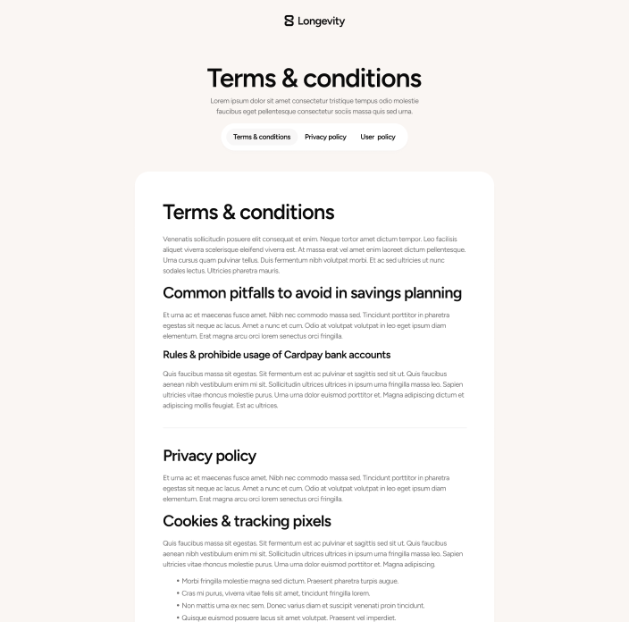 Longevity - Terms Conditions Utility Page - Longevity Center Webflow Template | BRIX Template