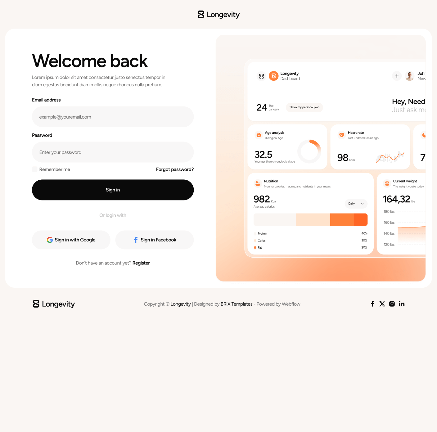 Longevity - Sign In Main Page - Longevity Center Webflow Template | BRIX Template