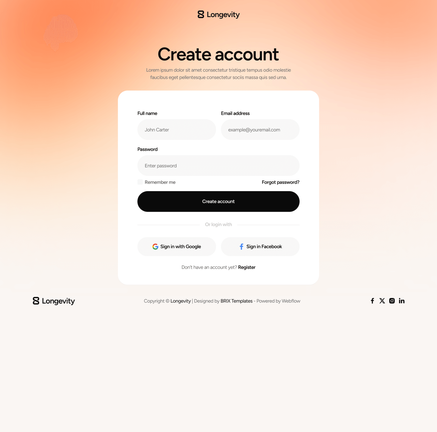 Longevity - Sign Up Main Page - Longevity Center Webflow Template | BRIX Template