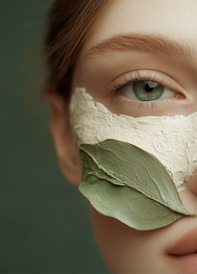 Close-up of a person's face with a white clay mask and green leaves on the cheek against a green background.