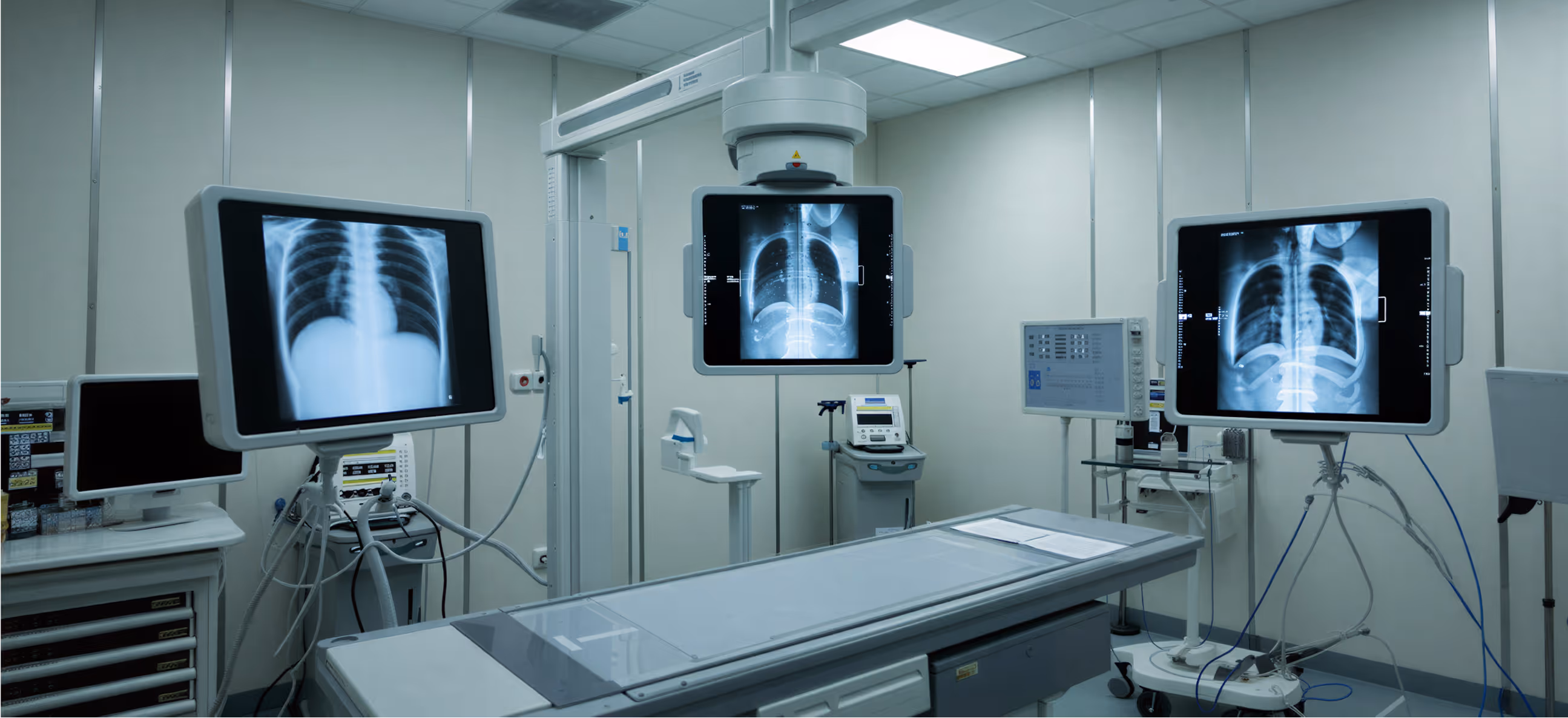 Medical imaging room with three monitors displaying chest X-rays and an examination table in the center.