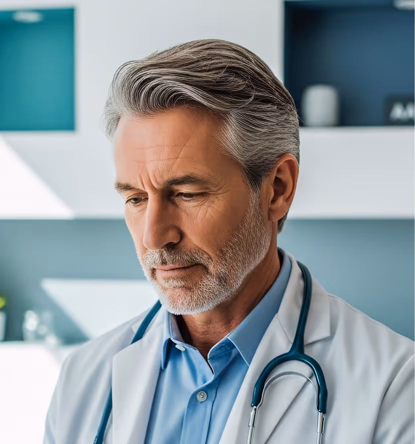 Close-up of a middle-aged male doctor with gray hair and beard wearing a white coat and stethoscope, looking down thoughtfully.